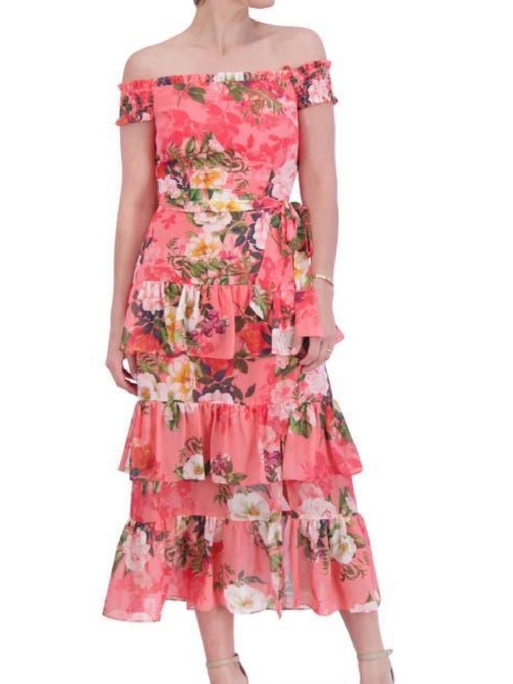 Eliza J Coral Off-Shoulder Floral Tiered Midi Dress